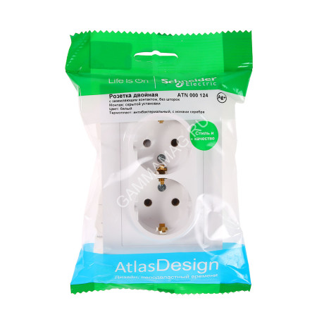 Розетка "ATLAS DESIGN" СП 2-мест. белый с/з в сборе 16А SchE ATN000124 *10/60