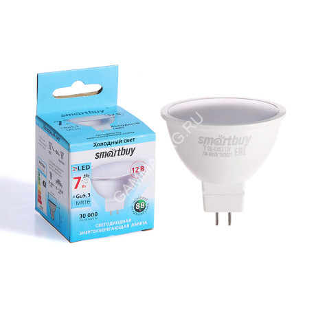 Лампа светодиодная 7W GU5,3 рефлектор 4К нейтральный 12V MR16 Smartbuy *10/100