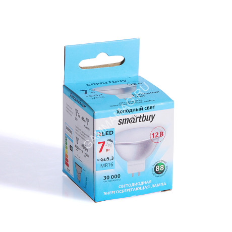 Лампа светодиодная 7W GU5,3 рефлектор 4К нейтральный 12V MR16 Smartbuy *10/100