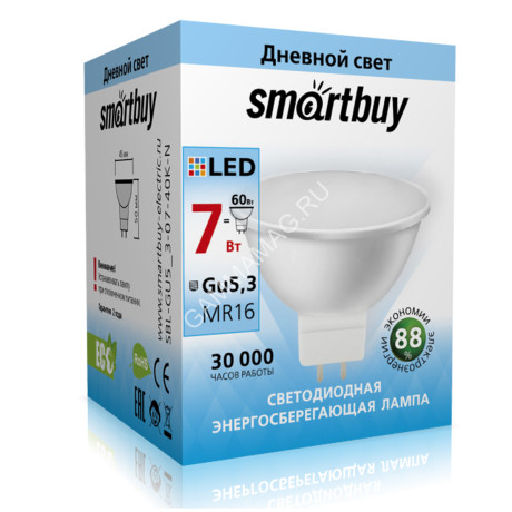Лампа светодиодная 7W GU5,3 рефлектор 4К нейтральный MR16 Smartbuy *10/100