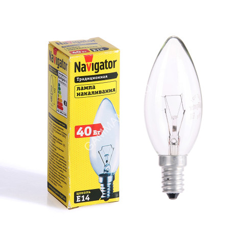 Лампа накаливания 40W Е14 свеча прозрачная Navigator 94303 *10/100
