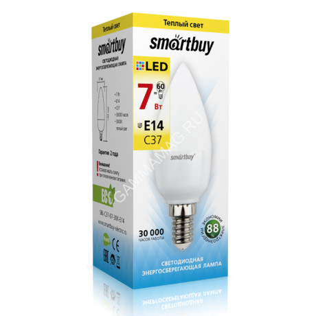 Лампа светодиодная 7W Е14 свеча 3К теплый С37 Smartbuy *10/100