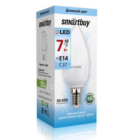 Лампа светодиодная 7W Е14 свеча 6,5К холодный С37 Smartbuy *10/100/200