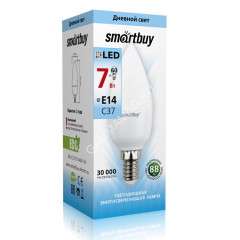 Лампа светодиодная 7W Е14 свеча 6,5К холодный С37 Smartbuy *10/100/200