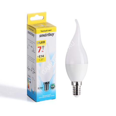 Лампа светодиодная 7W Е14 свеча на ветру 3К теплый С37 Smartbuy *10/100