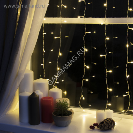 Гирлянда Занавес 1,5*1м 180LED белый теплый 8 режимов прозрачная нить 220V IP20 3584223 *1/60