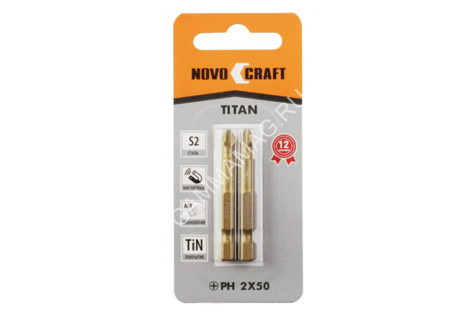 Бита крестовая PH2х 50мм (2шт) магнитная S2 TiN хвостовик1/4"Е TITAN NovoCRAFT *1/25