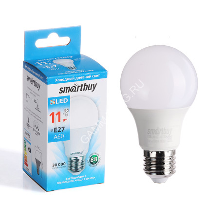 Лампа светодиодная 11W Е27 груша 6К холодный A60 Smartbuy *10/100
