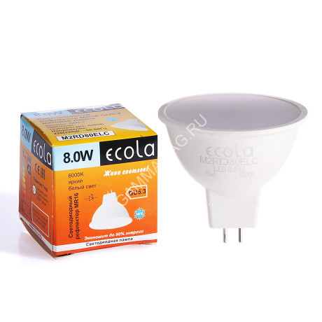 Лампа светодиодная 8,0W-220V GU5.3 MR16 6.5K холодный матовая Ecola 51x50 M2RD80ELC *10/100