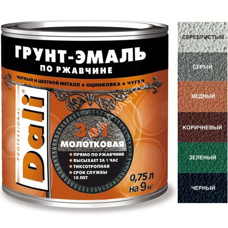 Грунт-эмаль по ржавчине зеленая с молотковым эффектом 0,75 л DALI *1/6/576