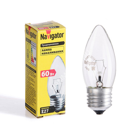 Лампа накаливания 60W Е27 свеча прозрачная Navigator 94329 *10/100