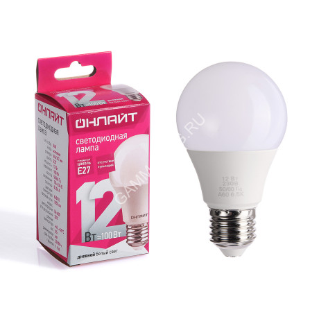 Лампа светодиодная 12W Е27 груша 6,5К холодный A60 ОНЛАЙТ 61141 *10/100