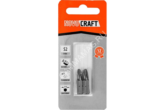 Бита крестовая PZ2х25мм (2 шт) магнитная S2 хвостовик1/4"С (B43-11-0252G) NovoCRAFT *1/25
