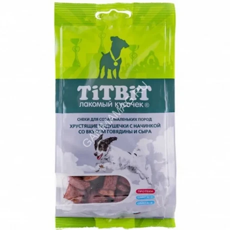 TiTBiT 0,095кг лакомство подушечки хрустящие с начинкой со вкусом говядины и сыра для собак маленьких пород
