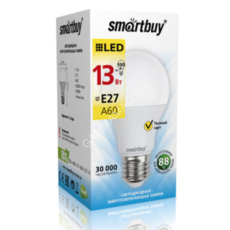 Лампа светодиодная 13W Е27 груша 3К теплый A60 Smartbuy *10/100
