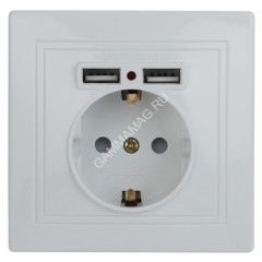 Розетка "Intro Plano" СП 1-мест. белый с/з, з/ш 2*USB 16А-250В IP20 2P+E Schuko *10/100