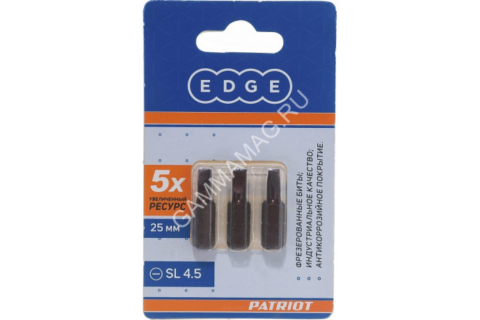 Бита шлицевая SL4,5х25мм (3шт) фрезерованная S2 хвостовик1/4"С EDGE PATRIOT *1/20
