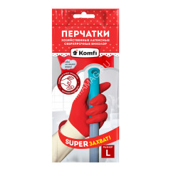 Перчатки латексные Сверхпрочн.Удлинн. "БИКОЛОР" Красн/Бел. L(большой)1пара BICOIRA3 "Komfi" *12/144
