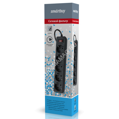 Сетевой фильтр 5 розеток 5м 10А ПВС 3x0,75 2200Вт черный Smartbuy SBSP-50-K *1/35