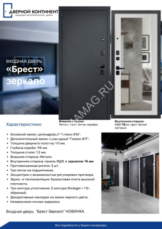 Дверь металлическая 9,5 см Брест ЗЕРКАЛО Белый матовый 960х2050 ЛЕВАЯ ДВЕРНОЙ КОНТИНЕНТ *1