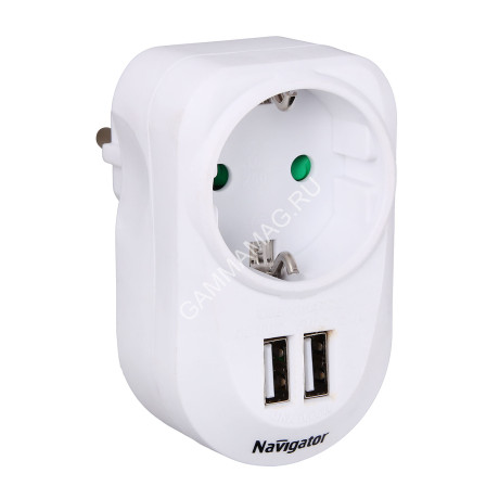 Адаптер д/розетки три выхода:розетка и два USB-разъема Navigator NAD-USB01-1E-C-WH 61454*1/10