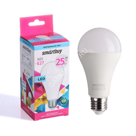 Лампа светодиодная 25W Е27 груша 4К нейтральный A65 Smartbuy *10/100