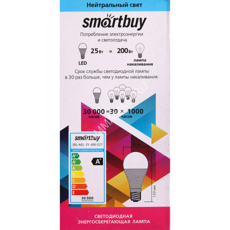 Лампа светодиодная 25W Е27 груша 4К нейтральный A65 Smartbuy *10/100