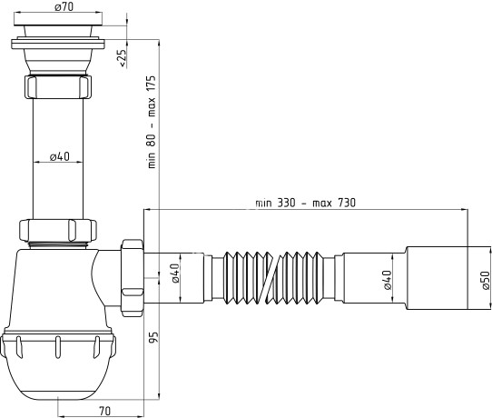 Сифон бутылочный 1 1/2"*40 с гибкой трубой 40x40/50 АНИ ГРОТ А0115 *1/25