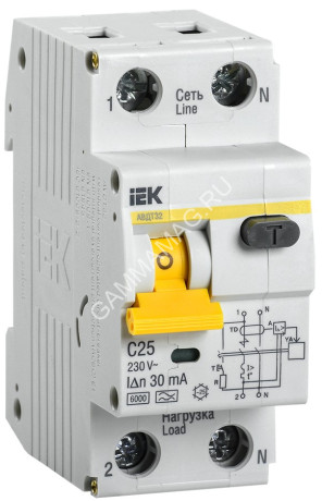 Авт.выкл. диф.тока IEK 25А 2мод С 1п+N тип А 30мА 6kA АВДТ-32 ИЭК MAD22-5-025-C-30 *1/6