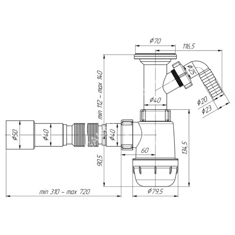 Сифон бутылочный 1 1/2"*40 с отводом, с гиб. трубой 40x40/50 АНИ ГРОТ А2015 /40 *1/25