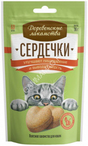 Деревенские лакомства 0,03кг сердечки улучшают пищеварение и выводят шерсть, для кошек (76050779)