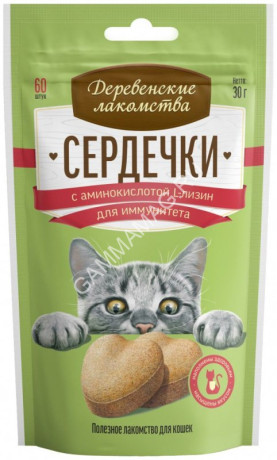 Деревенские лакомства 0,03кг сердечки с аминокислотой L-лизин для иммунитета, для кошек (76050724)