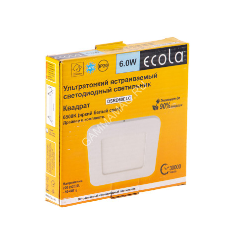 Светильник светодиодный встраиваемый квадрат 6Вт 6.5K 120*120*20 Ecola DSRD60ELC *10/40